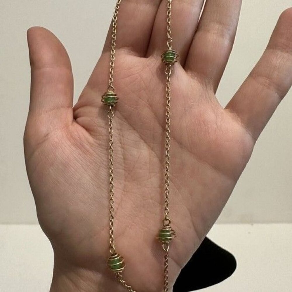 Vintage Signed Crown Trifari Gold Tone Dainty Chain Necklace Choker Green Beads - Picture 6 of 8